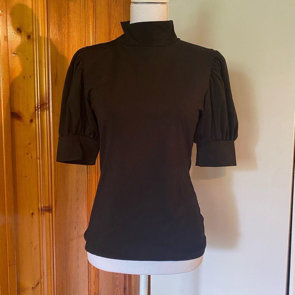 Ann Taylor Black Puff Sleeve Turtleneck Blouse